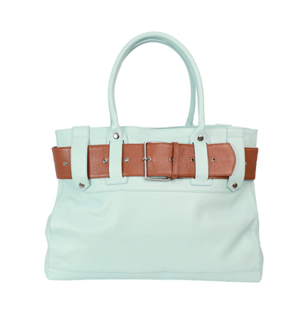 Front View of The XL Bully Bag, full-grain calfskin leather with statement tan belt detail.