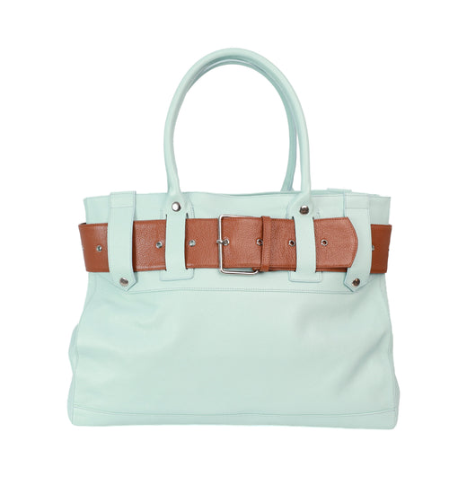 Front View of The XL Bully Bag, full-grain calfskin leather with statement tan belt detail.